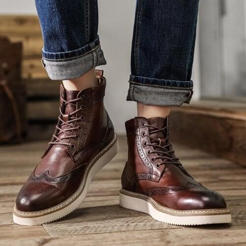 Men luxury fashion cow leather boots retro brogue shoes carved bullock platform boot spring autumn ankle botas hombre chaussure
