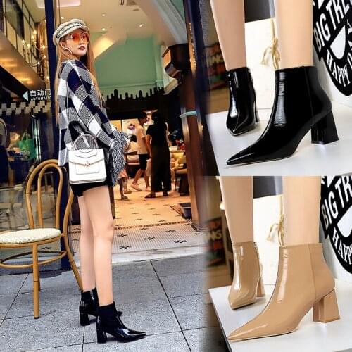 High heel boots Winter women shoes ankle boots fashion tip-to-head sexy nightclub high heel boots Pointed Toe Square heel 1988-1