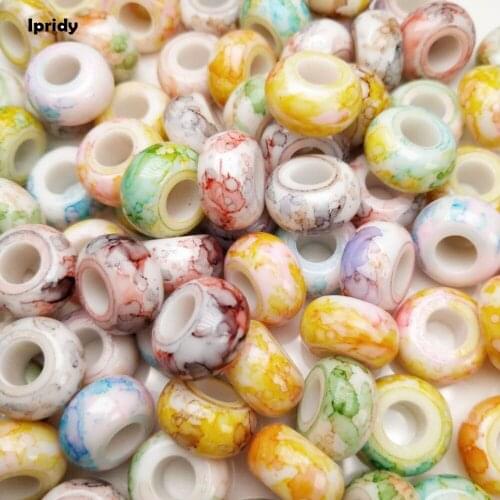 10pcs/lot 14MM Jade White Mixed Large Hole Resin Beads with No Core Rainbow water color European Bead fit Diy Charms Bracelet