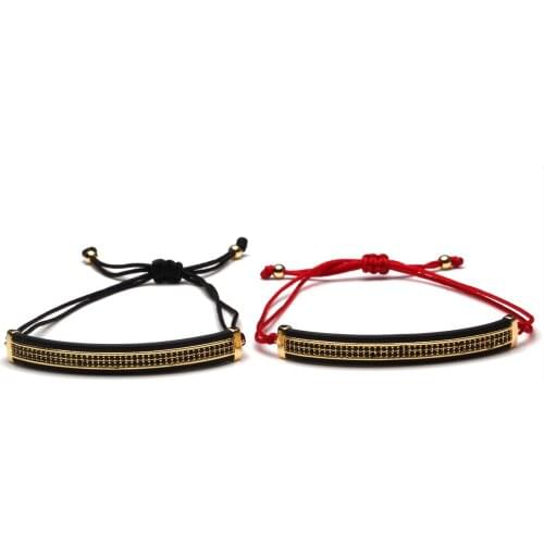 Black Zirconia Stones Bend Tubes String Adjustable Bracelet Men Copper CZ Paved Bar Charm Rope Macrame Fashion Jewelry Present