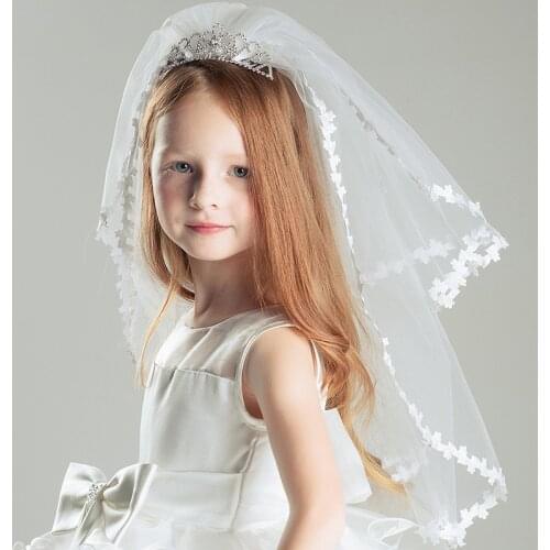 Kids Girls First communion Veils Double layers with comb Wedding Flower Girl veilTulle Lace Applique edge Voile Fille communion