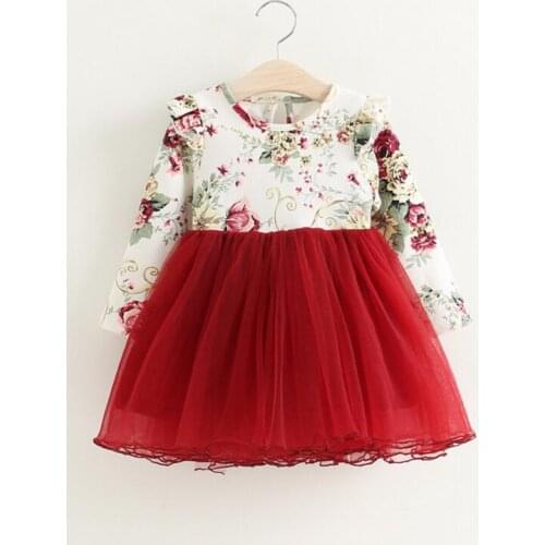 Children flower pattern print dress little girls flying sleeve fall autumn long sleeve dress with sashes little kids 2-6yrs