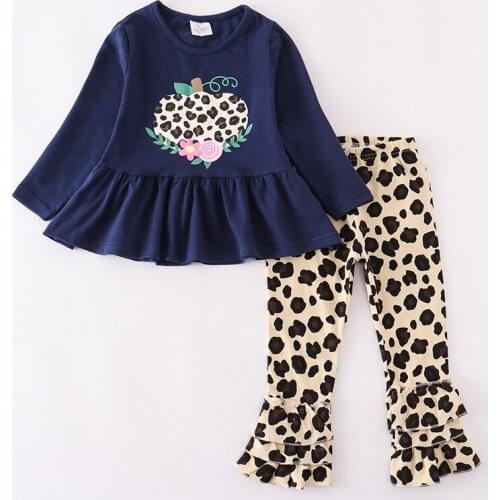 Girlymax Halloween Thanksgiving Baby Girls Cotton Milk Silk Navy Leopard Pumpkin Outfits Pants Set Kids Clothing