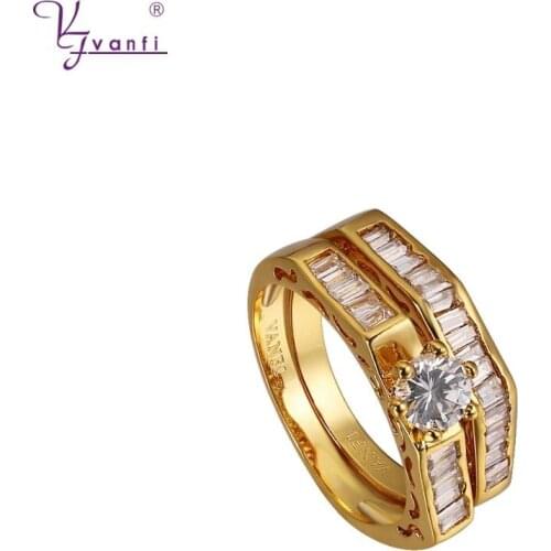 Kfvanfi Jewellry Copper Gold Color Women Ring White Cubic Zircon Ring Two Pieces wedding rings