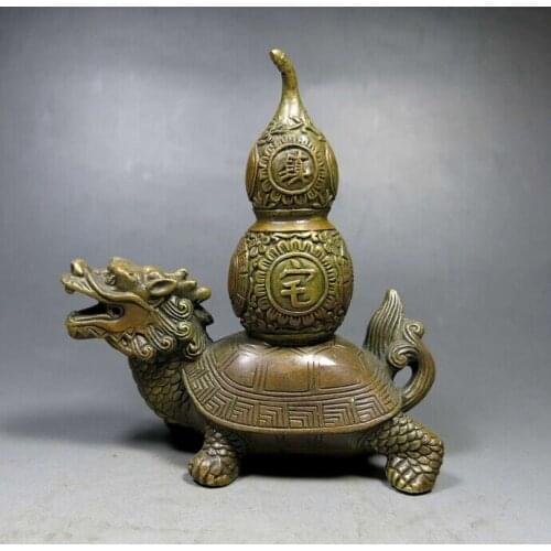 China Feng Shui brass copper carved town house Evil Gourd turtle dragon Statue gift arts crafts decoration