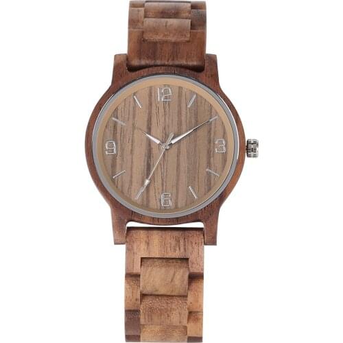 Mens Casual Quartz Wooden Wristwatch Walnut Chic Luminous Pointer Arabic Numerals Dial Handmade Wood Band with Folding Clasp