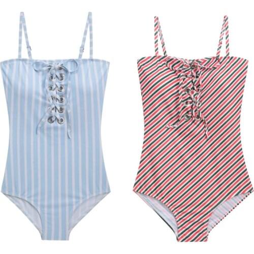 2021 new one-piece swimsuit female Japanese and Korean girls new striped lace hot spring swimsuit bikini