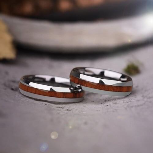 New Arrival 6mm Width Unisex Tungsten Engagement Rings Dome Band Inlay Koa Wood for Woman Man Silver/Black Size 6-13 Comfort Fit