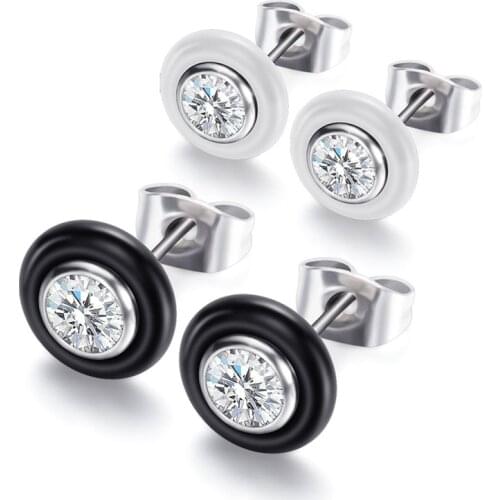 Modyle New Stainless Steel AAA Cubic Zirconia Wedding Earring Jewelry Black White Ceramic Stud Earrings For Women