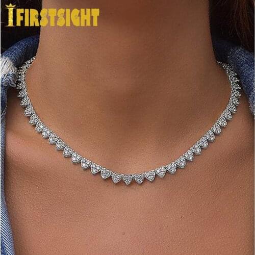 Iced Out Bling 5A Zircon Heart Tennis Chain Necklace Women Hip Hop Fashio Jewelry Gold Silver Color CZ Hearts Choker 2021 New