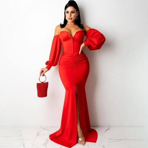 African Dresses For Women 2021 Summer Red Split V-Neck Sexy Party Dress Long Tunic Night Club Long Sleeve Long Maxi Dresses