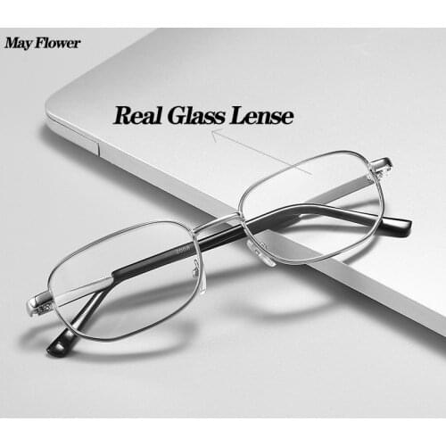 May Flower Retro Square Anti-Scratch Reading Glasses For Men Presbyopic Eyewear With Glass Lenses Metal Hyperopia Eyeglasses+3.5