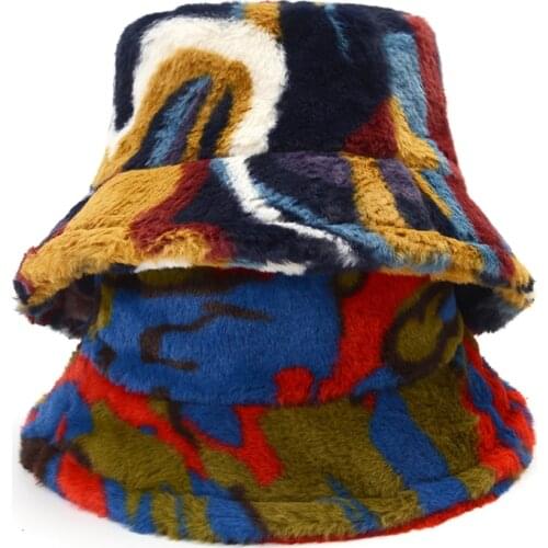 2021 New Colorful Camouflage Bucket Hat Winter Women Men Fashion Warm Soft Faux Fur Fisherman Hat Ladies Outdoor Vacation Panama