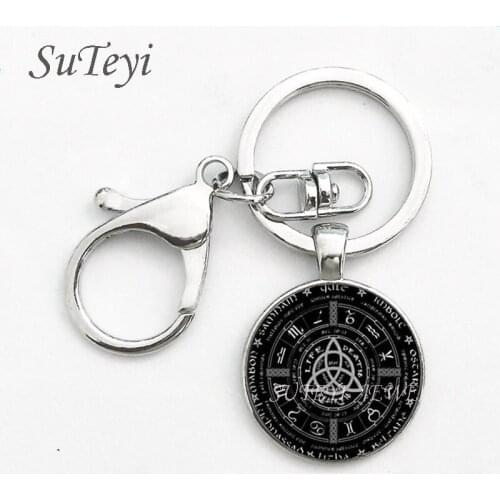 SUTEYI Pagan Wheel Of The Year Key Chain Horoscope Witchcraft Geometric Glass Dome Keychain Lobster Clasp Keyring Jewelry Gift