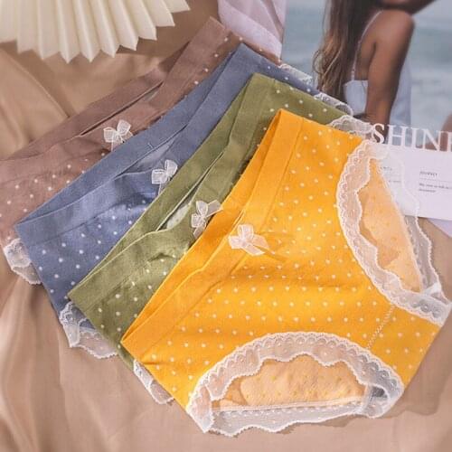 Roseheart Women Fashion Blue Pink Cotton Mid Waist Panties Lace Bow Underwear Lingerie Seamless One-Piece Brief Underpants F