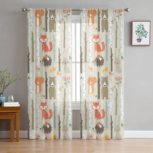 Cartoon Forest Animal Tree Fox Bear Rabbit Kawaii Tulle Curtains for Living Room Decoration Chiffon Sheer Voile Kitchen Curtain