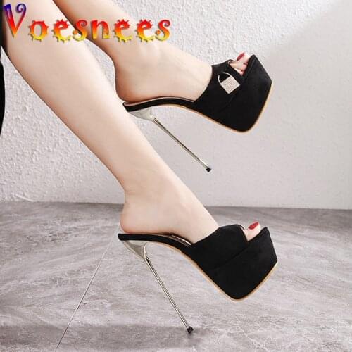 Voesnees Fashion Flock Slippers Women Platform Lock Head Decoration Slides 2021 Summer New Thin Heels 17cm Black Ladies Shoes