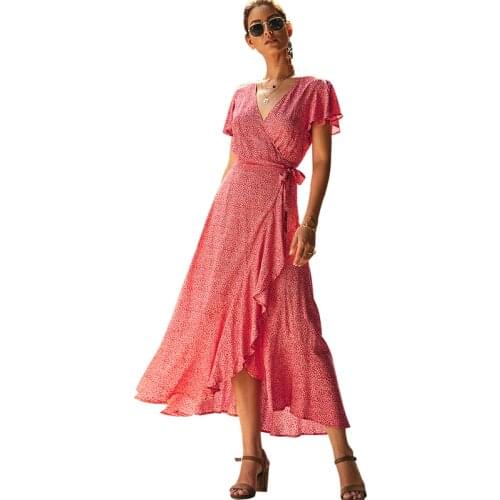 2021 Summer Ladies Dress Short Sleeve V Neck Floral Bohemia Asymmetry Ruffle Floral Elegant Fashion Empire Sashes A Line Robe