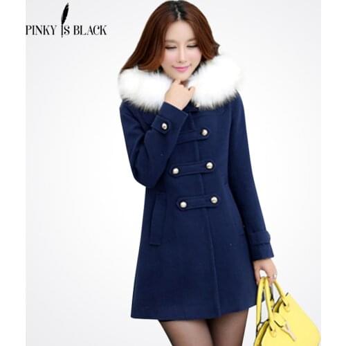Pinky Is Black 2019 autumn winter women woolen coat outerwear female medium-long trench sweet preppy fur collar casual jacket