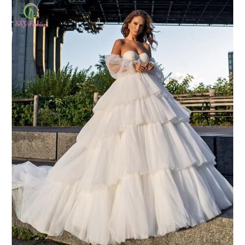 SSYFashion New Romantic Wedding Dress for Bride Sweetheart Lantern Sleeve A-line Long Cake Wedding Gown Vestido De Novia