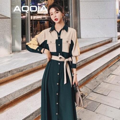 2021 Spring Vintage Button Up Hepburn Style Sashes Women Long Dress Chic Turn Down Collar Loose Patchwork Pocket Ladies Dresses