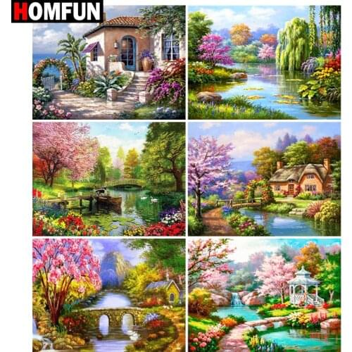 HOMFUN Full Square/Round Drill 5D DIY Diamond Painting "House flower creek view" Embroidery Cross Stitch 5D Home Decor Gift