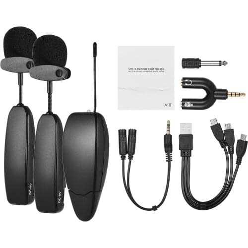 Wireless UHF Microphone System 2 Transmitter and 1 Receiver Musical Instrument Lavalier Lapel Speaking Voice Amplifier