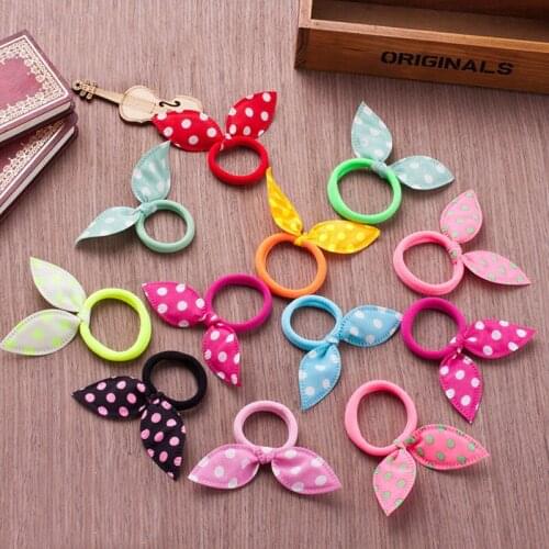 10Pcs/lot Children Hair Band Cute Polka Dot Bow Rabbit Ears Headband Girl Ring Scrunchy Kids Ponytail Holder Hair Accessories