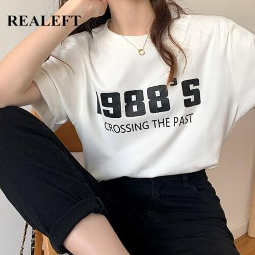 REALEFT 2021 New Spring Summer Letter Printed Womens T-shirt Female Fashion Short Sleeve Casual Loose Womens Basic Tops