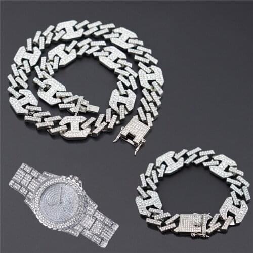 3pcs Kit Hip Hop 17MM AAA+ Iced Out Alloy Rhinestones Coffee Bean Prong Cuban Necklace+Watch+Bracelet For Men Women Jewelry