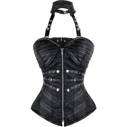CORZZET Black Gothic Sexy Steampunk Corset Halter Zipper Overbust Corset Top Punk Corsets and Bustiers For Womens Slimming Wear