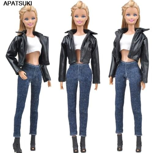 1 Set Leather Coat Outfits For Barbie Doll Fashion Coat Jeans Pants Short Top Handmade Clothes For Barbie Dollhouse Accessories