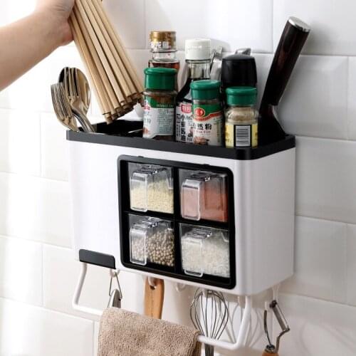 Multifunctional Kitchen Seasoning Organizer Box Wall Mounted Household Kitchen Storage Rack Knife Holder Chopsticks Shelf