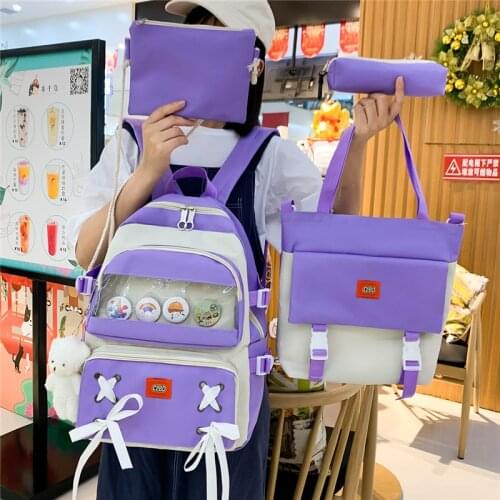 5-piece Fashion Womens Backpack Canvas Large Capacity Cute School Bag for Girls Trendy Contrast Color Student Shoulder Bookbags