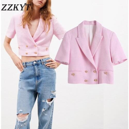 MXTIN 2021 Women Vintage Double Breasted Pink Tweed Short Jacket Coat Fashion Pockets Outerwear Chic Casual Tops Chaqueta Mujer