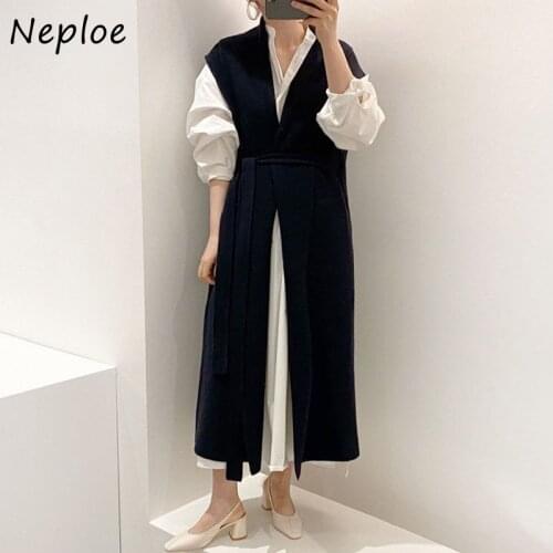 Neploe Korean Chic 2 Piece Set Loose Puff Sleeve Shirt Dress + V-neck Drawstring Slim Waist Knitted Vest Simple Suit Women