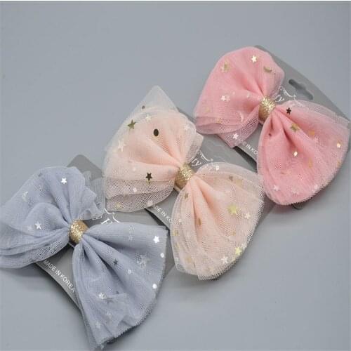 Newest 1 piece Star Big Mesh Lace Bows Accessories With Clip Boutique Bow Hairpins Hair Ornaments