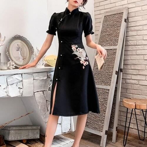 Guochao 2021 new style cheongsam dress Chinese style black summer womens summer womens clothing