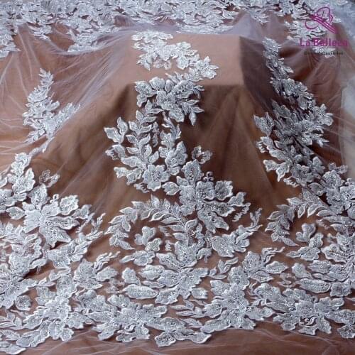 New fashion pure white with beaded on mesh embroidery lace fabric wedding dress/evening dress lace fabric 1yard