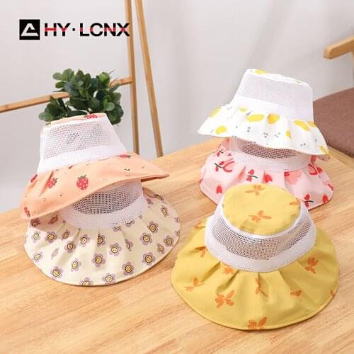 Summer Child Lightweight Cotton Breathable Mesh Flat Top Sun Bucket Hat Boy Girl Fashion Cartoon Print Big Brim Fisherman Hat