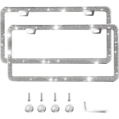 2Pcs American Rhinestone License Plate Frames Stainless Steel Glitter License Plate Cover Sparkly Car Accessories Gifts