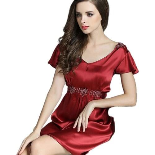 S5590 Wholesale Female Short sleeved Silk flounces Home Wear Embroidery Dress Sexy Nightgown 100% Silk Nightgown