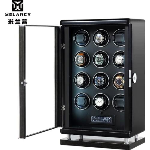 Watch Winder Box Wood Acrylic Window Black Carbon Fiber Quiet Motor Storage Display Watches PU Leather LED Light 12 Slots