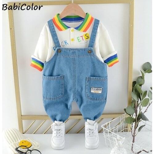 Spring Autumn Infant Clothes Suits Baby Girls Boys Clothing Sets Fashion T Shirt Denim Bib Pants 2 Pcs Kid Children Costume