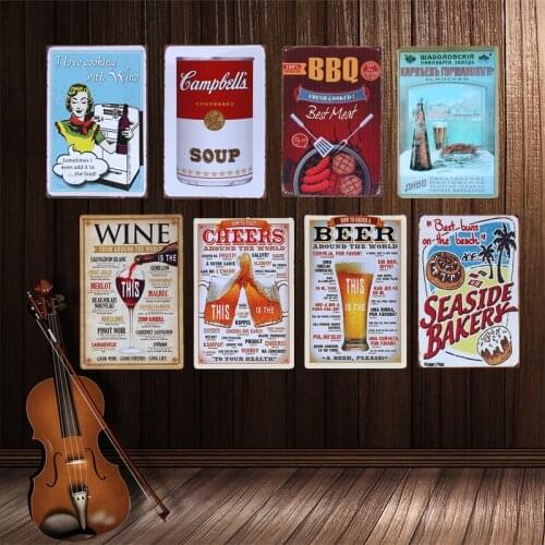 Vintage Cheers Beer Wine BBQ Plaque Johnnie Walker Retro Metal Poster Seaside Bakery Bar Home Wall Art Painting Tin Signs YN038