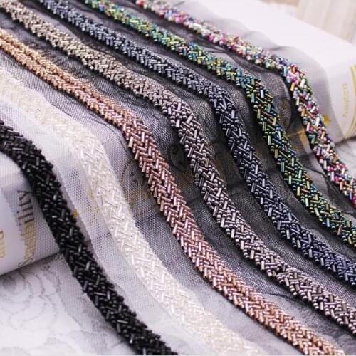 10Yards Champagne Grey Black Pearl Beaded Embroidered Rhinestones Applique Braided Lace Ribbon Trim Collar For Wedding Dress
