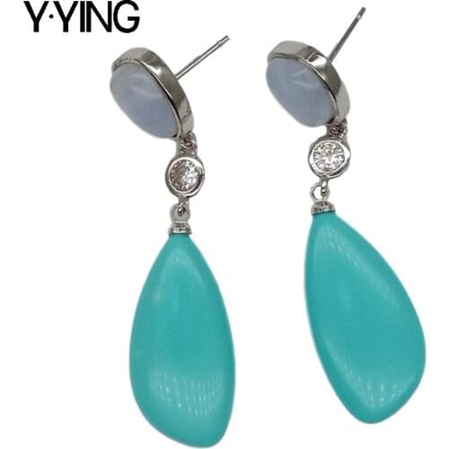 Y·YING natural geometric Blue howlite Chalcedony Cz Pave white color plated Stud Earrings vintage for women