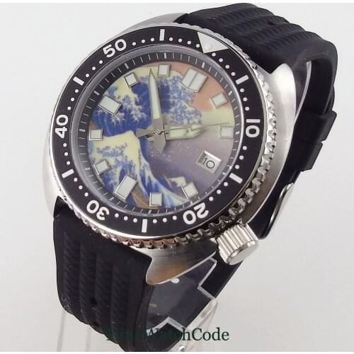45mm Japan NH35 Automatic Mens Watch Surfing Dial Sapphire Glass Rubber Strap Date Super Lume Rotating Bezel Hacking Seconds
