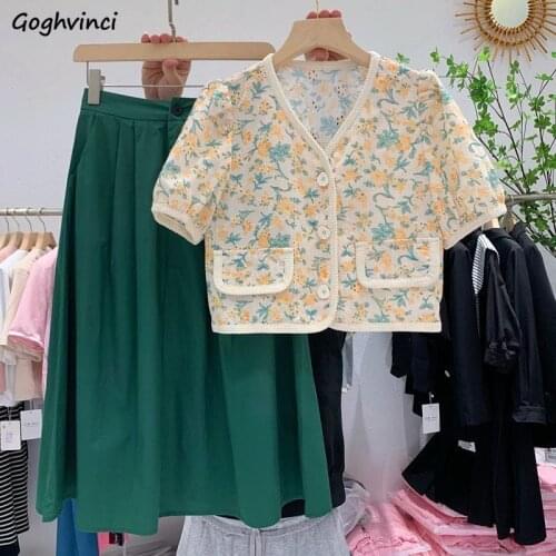 Women Sets V-neck Short Sleeve Hollow Out Tops Cute Printing Knee-length Skirts Trendy Young Style Retro Streetwear Female Chic