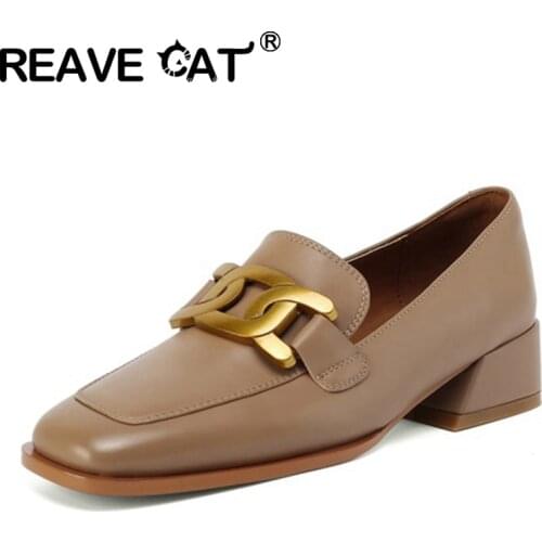 REAVE CAT 2021 Genuine Leather Ladies Pumps Lofers Square Toe Metal Decoration Slip On 4cm Chunky Heel US8 Black Apricot A4329
